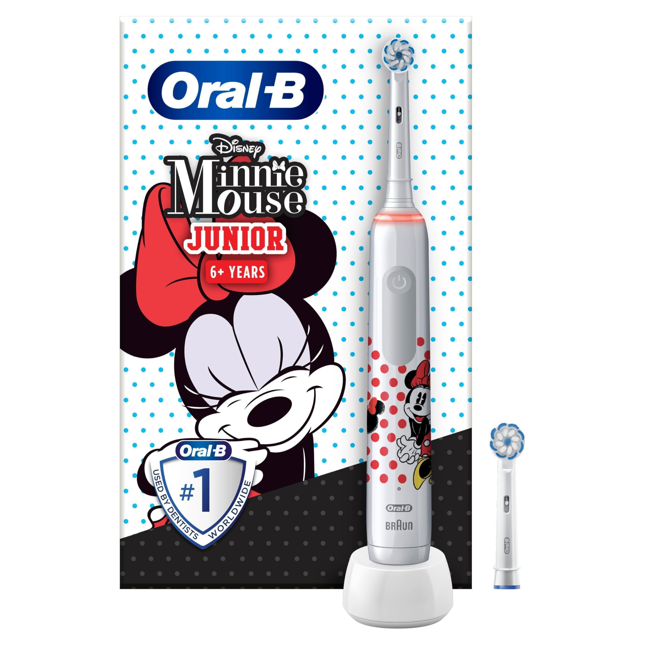 Oral-B Junior Minnie Mouse Elektrische Zahnbürste/Electric Toothbrush, Kinder ab 6 Jahren, 2 Aufsteckbürsten, 360°-Andruckkontrolle, 2 Putzmodi inkl. Sensitiv Zahnpflege, weiche Borsten, Timer, weiß