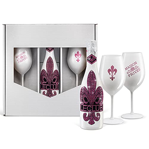 Sekt Geschenk PINK Le Club rose-pinke Kristalle und 2 weiße Champagner Gläser für Frau beste Freundin Geburtstag Weihnachten Geschenk