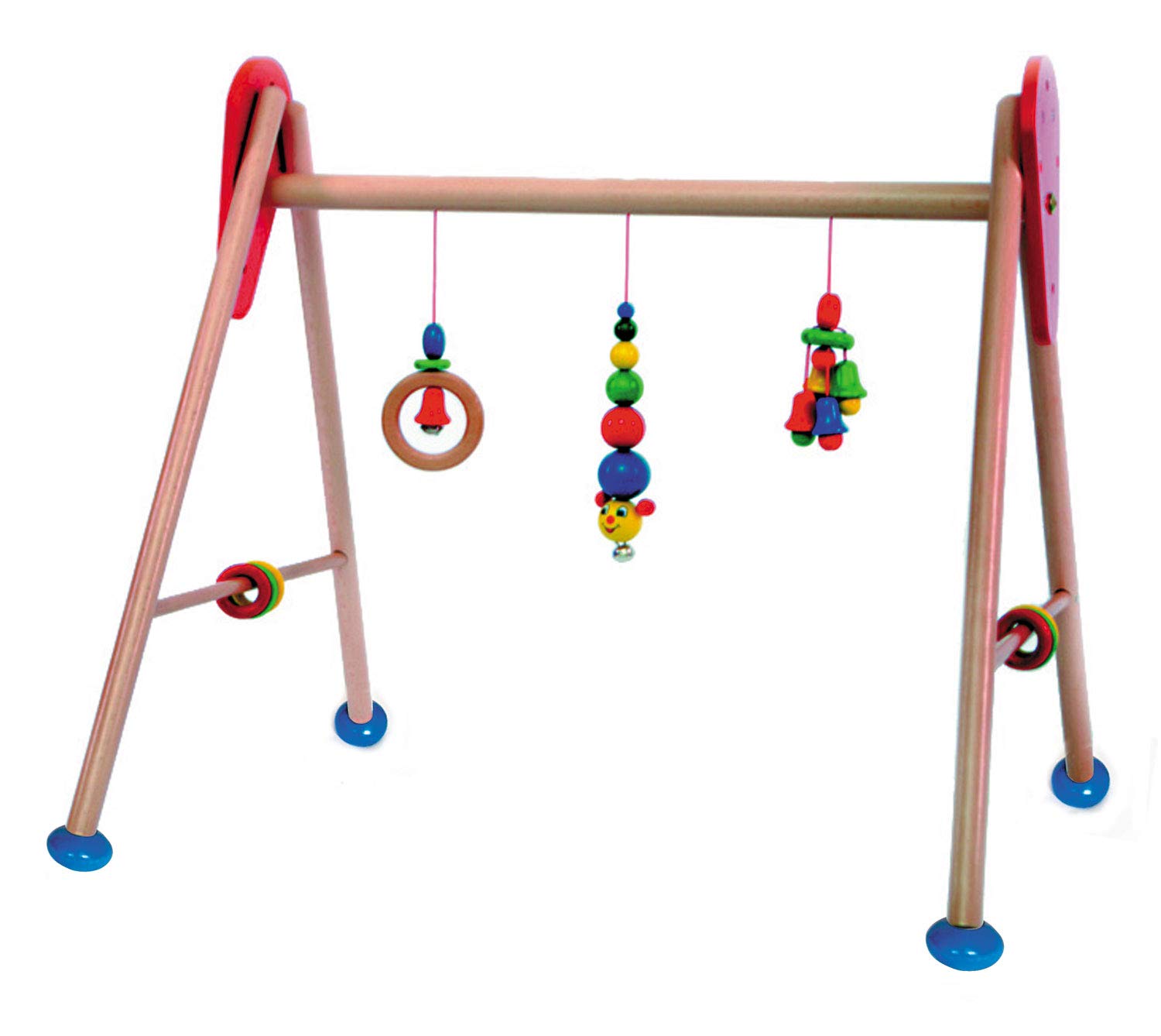 Hess Holzspielzeug 13321 - Spielgerät aus Holz, Serie Raupe, für Babys, handgefertigter Spielbogen mit farbenfrohen Figuren und Rasseln, ca. 62 x 55 x 50 cm