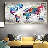 Bunte Weltkarte Leinwand Malerei Poster und Drucke Abstrakte Weltkarte Wandbilder für Wohnzimmer Dekor70x140cm (70x140cm) ohne Rahmen
