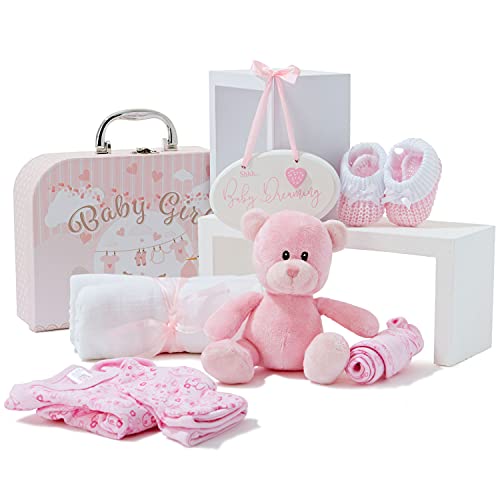 Baby-Geschenk-Set – Neugeborene Baby-Geschenke beinhalten Babykleidung, Musselin-Tücher, niedlichen rosa Teddybär und hängende Plakette