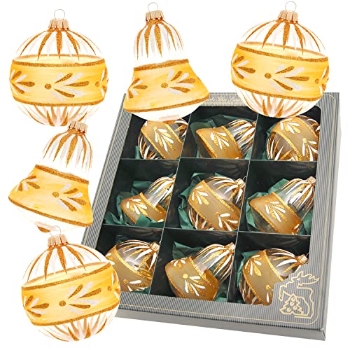 Krebs Glas Lauscha - Weihnachtsdekoration/Christbaumschmuck aus Glas - Weihnachtsanhänger - Motiv: Blätterdekor Gold/Transparent - 9 Stück - Größe: ca. 8 cm