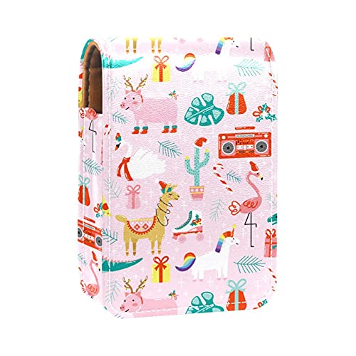 Lippenstift-Etui mit Spiegel, Alpaka, Dinosaurier, Flamingo, Schwein, Rosa, Lipgloss-Halter, tragbare Lippenstift-Aufbewahrungsbox, Reise-Make-up-Tasche, Mini-Leder-Kosmetiktasche, für 3 Lippenstifte,