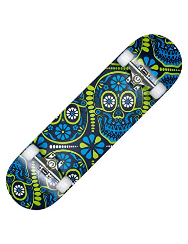 MUWO Street Skateboard 31 x 8 Zoll - hochwertiges Komplettboard für Einsteiger aus stabilem Holz und Aluminium, geeignet für Kinder, Teenager und Erwachsene mit verschiedenen Motive (Sugarskull)