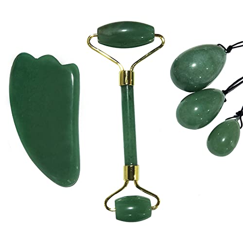 Natürlicher Grüner Jade-Roller, Jadestein, Guasha-Gesichtsmassagegerät, Hebewerkzeug, Gesichtsroller, Trainingsgerät,3-teiliges Set