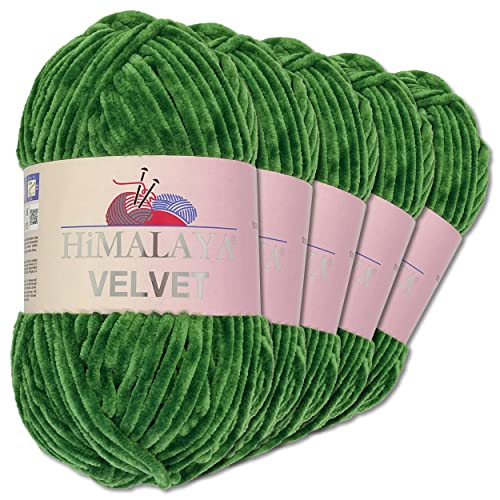 Wohnkult Himalaya 5 x 100 g Velvet Dolphin Wolle 40 Farben zur Auswahl Chenille Strickgarn Glanz Flauschgarn Accessoire Kleidung (90060 | Grün)