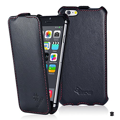 Manna UltraSlim Hülle für iPhone 6 mit 4.7 Zoll | Flip Case Tasche aus echtem Leder, schwarz mit farblich abgesetzter Naht