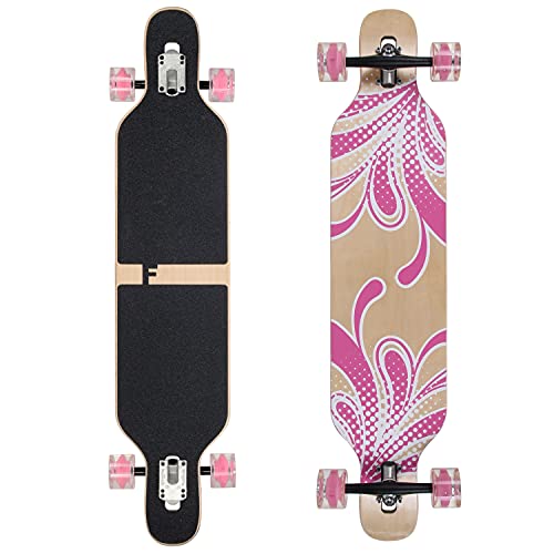 FunTomia Longboard Skateboard Drop Through Cruiser Komplettboard mit Mach1 High Speed Kugellager T-Tool mit und ohne LED Rollen (Flex-3 von 25 bis 60kg - Farbe Pink Blume LED)
