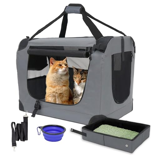 Prutapet Große Katzentragetasche, 61 x 41,9 x 41,9 cm, weiche Seiten, tragbare Haustierbox für Auto-Reisen, mit faltbarer Katzentoilette und Napf