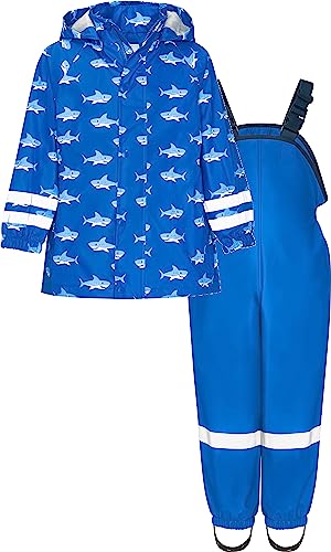 Playshoes Kinder Regenanzug, zweiteiliges Regen-Set für Jungen mit abnehmbarer Kapuze, mit Hai-Muster, Blau (blau 7), 104