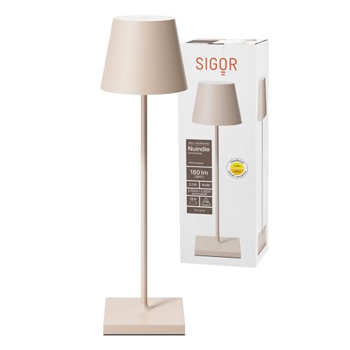 SIGOR Nuindie - Dimmbare LED Akku-Tischlampe Indoor & Outdoor, IP54 spritzwassergeschützt, Höhe 38 cm, aufladbar mit USB-C, 12 h Leuchtdauer, dünenbeige