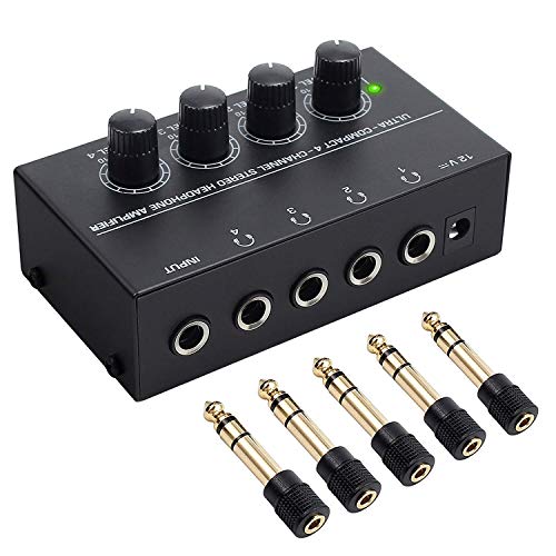 Neoteck 4 Kanäle Kopfhörer Verstärker hochkompakt Stereo-Kopfhörerverstärker mit 5 Stück 6.3mm (1/4 inch) zu 3.5mm (1/8 inch) Adapters und Netzteil