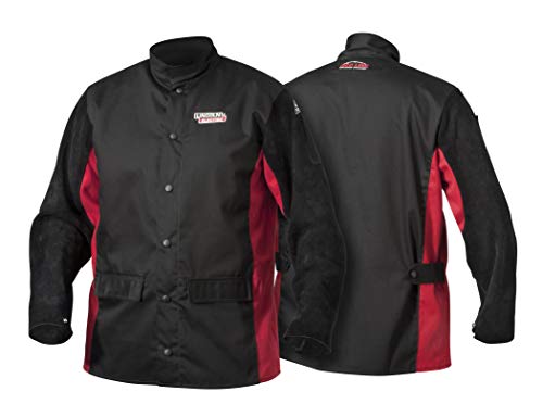 Lincoln Electric Schweißjacke aus geteiltem Leder | Premium-schwer entflammbarer Baumwollkörper | Schwarz & Rot | Größe M | K2986-M