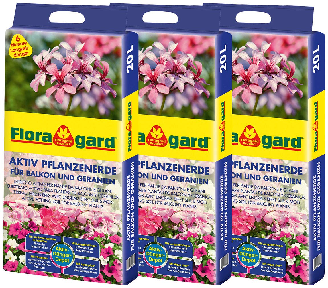 Floragard Aktiv Pflanzenerde für Balkon und Geranien 3x20 L - mit 6 Monate Langzeitdünger - 60 Liter