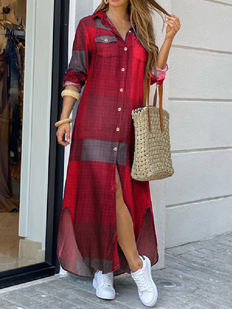 Frauen Casual Plaid Print Unregelmäßig geteilten Saum Maxi-Shirts Kleid mit Seitentaschen