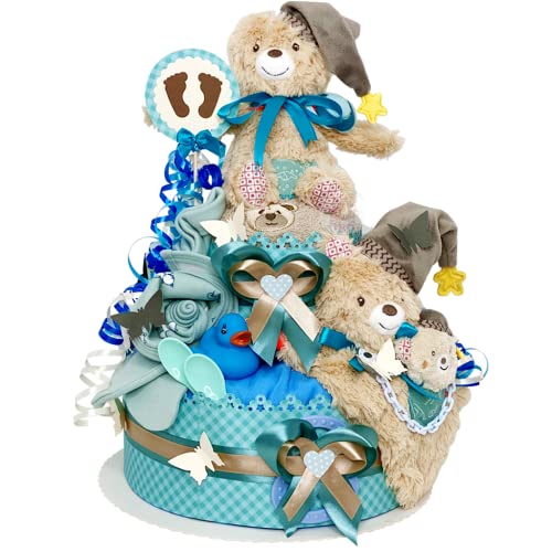 Windeltortezurgeburt MomsStory - Windeltorte Junge | Windelgeschenk Bär Baby-Geschenk zur Geburt Taufe Babyparty 2 Stöckig (Braun-Grün) XL Spieluhr Lätzchen Schnuller Windeln & mehr