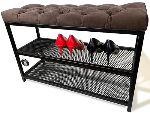 FLEXISTYLE Loft Schuhschrank mit sitzbank schwarz breit Holz Eiche gepolstert Metall Industrial Style (Braun, 80 cm breit)