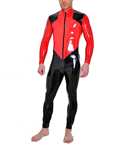 Herren Latex Catsuit Patchwork Farbe Schwarz und Rot Gummi Bodysuit Kleidung Reißverschluss vorne im Schritt, andere Farbe, XL
