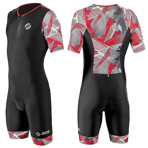 SLS3 Triathlon Einteiler Herren | Aerodynamischer Kurzarm Trisuit mit Ärmeln | 2 Taschen | Wettkampf | Front-Reißverschluss | Schwarz (Black/Red Geo, XL)