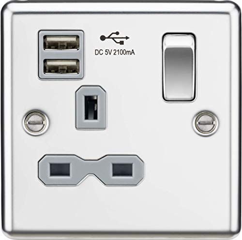 13 A 1G geschaltete Steckdose Dual USB Ladegerät Slots mit grauem Einsatz – abgerundete Kanten poliertes Chrom