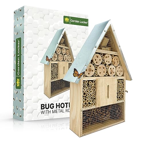 Bug Hotel Insektenhaus Insektenhaus mit Metalldach, groß, 40 x 28 x 8,5 cm – ein Zuhause für alle Ihre Garteninsekten – lockt Marienkäfer, Schmetterlinge, Wildbienen, Grillen und viele andere Arten an