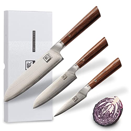 Zayiko 3er Damastmesser Set, Klingen von 8,70 bis 17,70 cm Länge, Santoku-, kleines Santoku-, Officemesser, japanischer Damaststahl VG-10, Pakkaholzgriff braun Zayiko Kasshoku # ICHI #NI #SAN