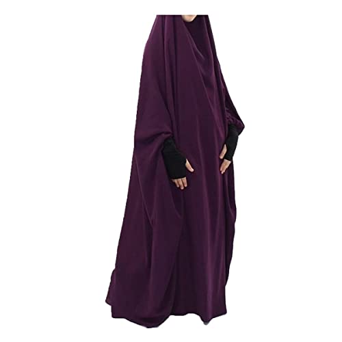 Muslimische einfarbige lose einteilige Gebetskleid volle Abdeckung mit Kapuze islamischer Abaya Kaftan mit Hijab konservative Kleidung Gebetskleid Ramadan, violett, Einheitsgröße