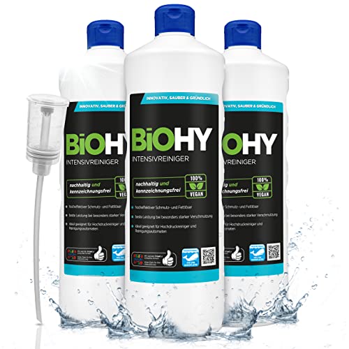 BIOHY Intensivreiniger universal 3 x 1 Liter Flaschen + Dosierer | Hochleistungsindustriereiniger | Grundreiniger ideal für Hochdruckreiniger