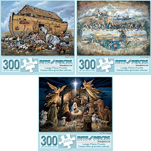 Bits and Pieces - 3er Set 300 Teile Puzzle für Erwachsene – Arche Noah, letztes Abendmahl, In der Krippe – Christliche Puzzles von Künstler Ruane Manning