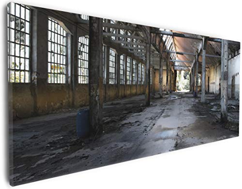 Wallario Leinwandbild Alte Industriehalle leerstehend und einsam - Wandbild 30 x 75 cm: Kunstdruck | Brillante lichtechte Farben | hochauflösend | verzugsfrei