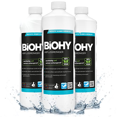 BiOHY Abflussreiniger (3x1l Flasche) | mit spezieller Haarweg-Formel | Bio Abflussreiniger für Küche & Bad | entfernt selbst hartnäckigste Verstopfungen | ohne ätzende Dämpfe & Gerüche