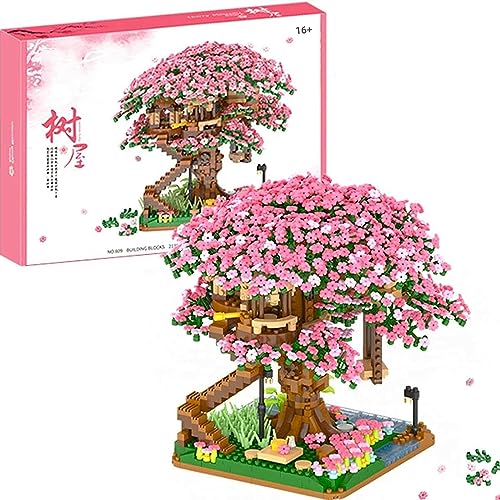 Kirschblüte Baumhaus, 2138 Teile Bonsai Baum Bausteine Set, Modular Sakura Bonsai Baum Bausatz Kirschblüte Landschaft Modellbausatz, Sakura Baumhaus Modellsets für Erwachsene (Rosa)