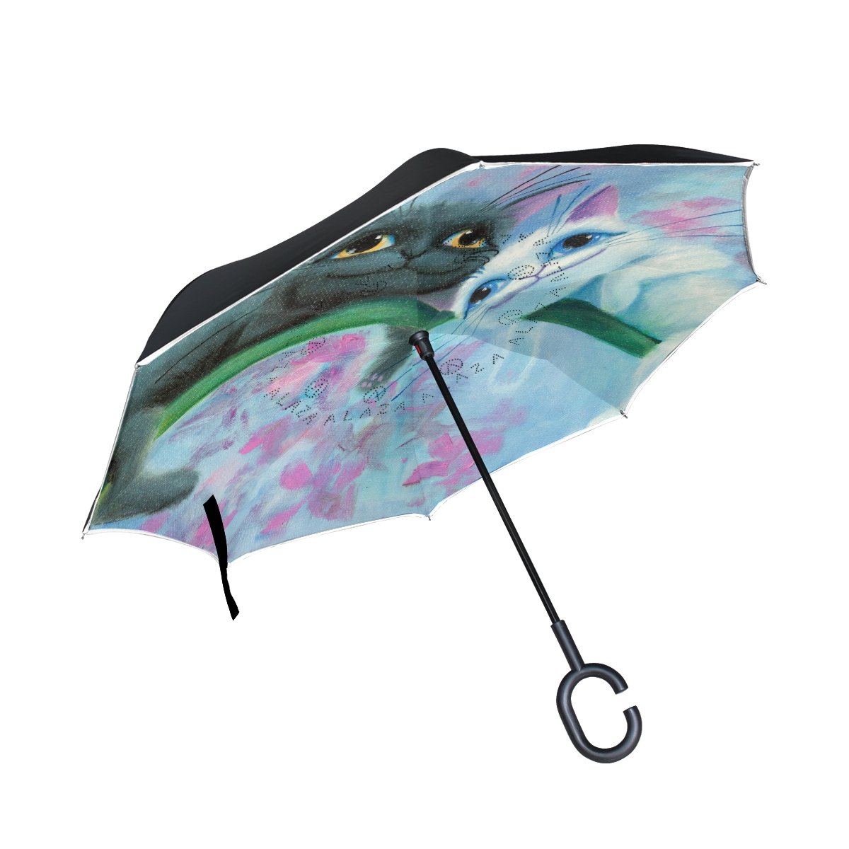 ISAOA Gro?e Schirm Regenschirm Winddicht Doppelschichtige seitenverkehrt Faltbarer Regenschirm f¨¹r Auto Regen Au?eneinsatz,C-f?rmigem Henkel Regenschirm schwarz Katze und wei? Regenschirm
