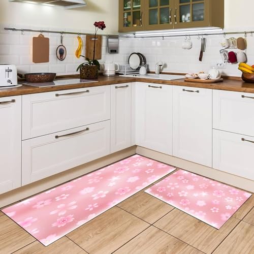 EMCLKS 2 Stück Waschbar Küche Bodenmatte,Wasserdicht Pflegeleicht,Kirschblüte Frühlingsblumen Hintergrund,Komfort und Sicherheit in Küche, Spüle und Wäscheraum,44x75+44x120cm