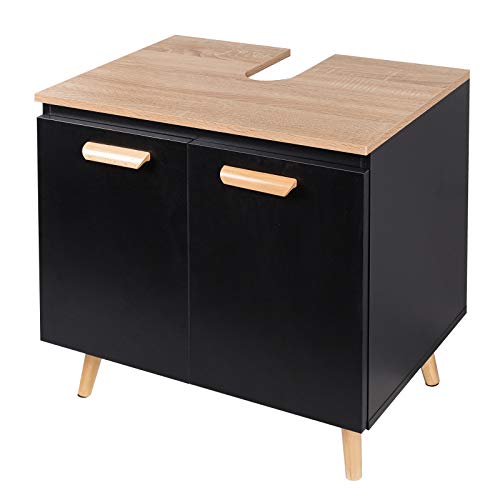 eSituro SBP0061 Waschbeckenunterschrank Badschrank Waschtischschrank Badzimmerschrank Badregal Stehschrank Aufbewahrungsschrank mit Schranktür aus MDF Schwarz und Natur