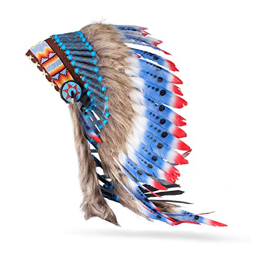 Pink Pineapple Traditioneller Indianer Inspirierter Kopfschmuck handgefertigt im traditionellen Stil Nordamerikanischer Indianer - Mittlere Länge - Blau, Rot und Weiß