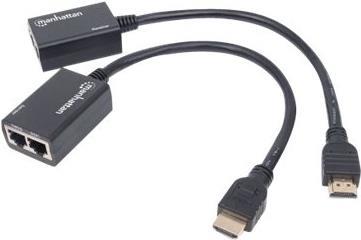 Manhattan HDMI Cat5e/Cat6 Extender (Verlängert das 1080p-Signal auf bis zu 30 m, integrierte HDMI-Kabel, kein Netzteil benötigt) schwarz 207386