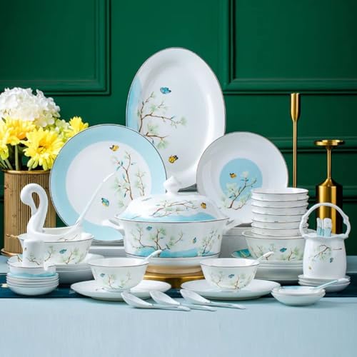 CRLed 60-teiliges Bone China-Geschirrset, weißes Magnolienblütenmuster, chinesische leichte Luxus-Keramikschüssel, Teller und Teller-Set