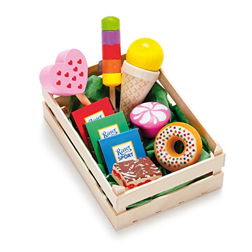 Erzi 28135 Sortiment Süßwaren aus Holz, Kaufladenartikel für Kinder, Rollenspiele