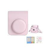Aisnyho Kameratasche für Fuji Instax Mini 12 Sofortbildkamera mit verstellbarem Schultergurt/Fotorahmen/Cartoon-Aufkleber, Rosa - Blossom Pink, Kameratasche