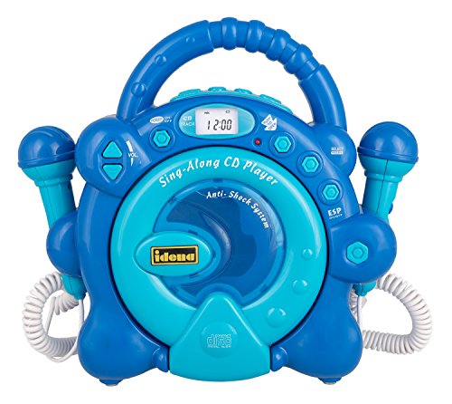 Idena 40284 - CD Player Sing Along für Kinder, tragbar und batteriebetrieben, mit LED Display, Anti-Schock und zwei Mikrofonen für Karaoke, hellblau