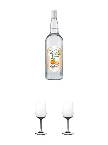 Alpenschnaps Steinbeisser Marille 1,0 Liter + Nosing Gläser Kelchglas Bugatti mit Eichstrich 2cl und 4cl 1 Stück + Nosing Gläser Kelchglas Bugatti mit Eichstrich 2cl und 4cl 1 Stück