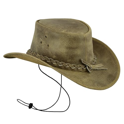 Leatherick Unisex-Cowboyhüte aus echtem Mad-Horse-Leder im West-Aussie-Stil mit Kinnriemen (XL, Verrücktes Beigebraun)