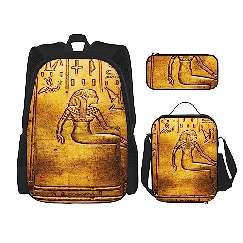 TOMPPY Egypt Hieroglyphics bedruckter Rucksack mit Lunch-Tasche, Federmäppchen, 3-in-1 Rucksack-Set, Schwarz , Einheitsgröße, Schulranzen-Set