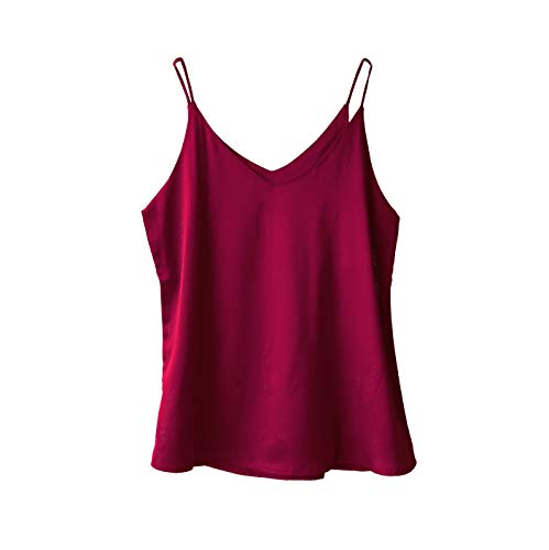 Wantschun Damen Satin Silk Weste Bluse Tank Tops Shirt Cami Spaghetti Träger Camisole Vest V-Ausschnitt Basic - Weinrot ; 1X