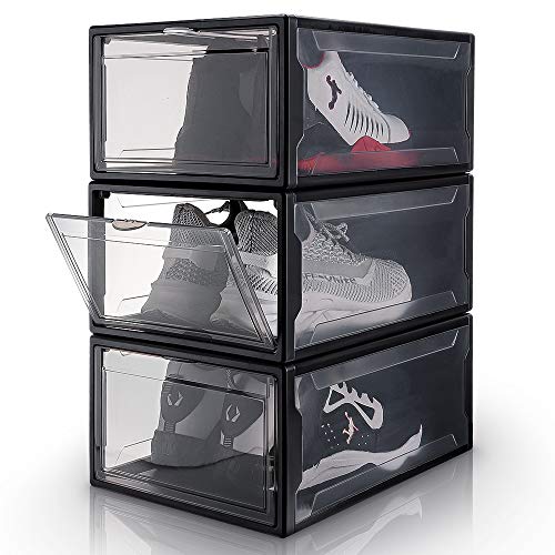 Yorbay Schuhbox, 3er Set, stapelbarer Schuhorganizer, Kunststoffbox mit durchsichtiger Tür, Mehrweg Schuhaufbewahrung, 37 x26 x 16 cm, für Schuhe bis Größe 48, Schwarz