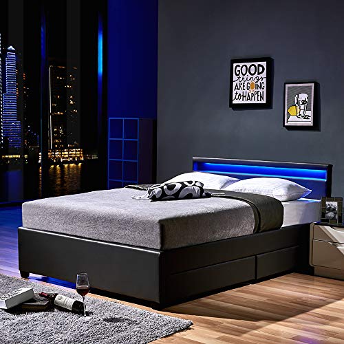 Home Deluxe - LED Bett - Nube - schwarz 140 x 200 cm inkl. Ortho Basic Matratze - inkl. Schublade - Verschiedene Größen