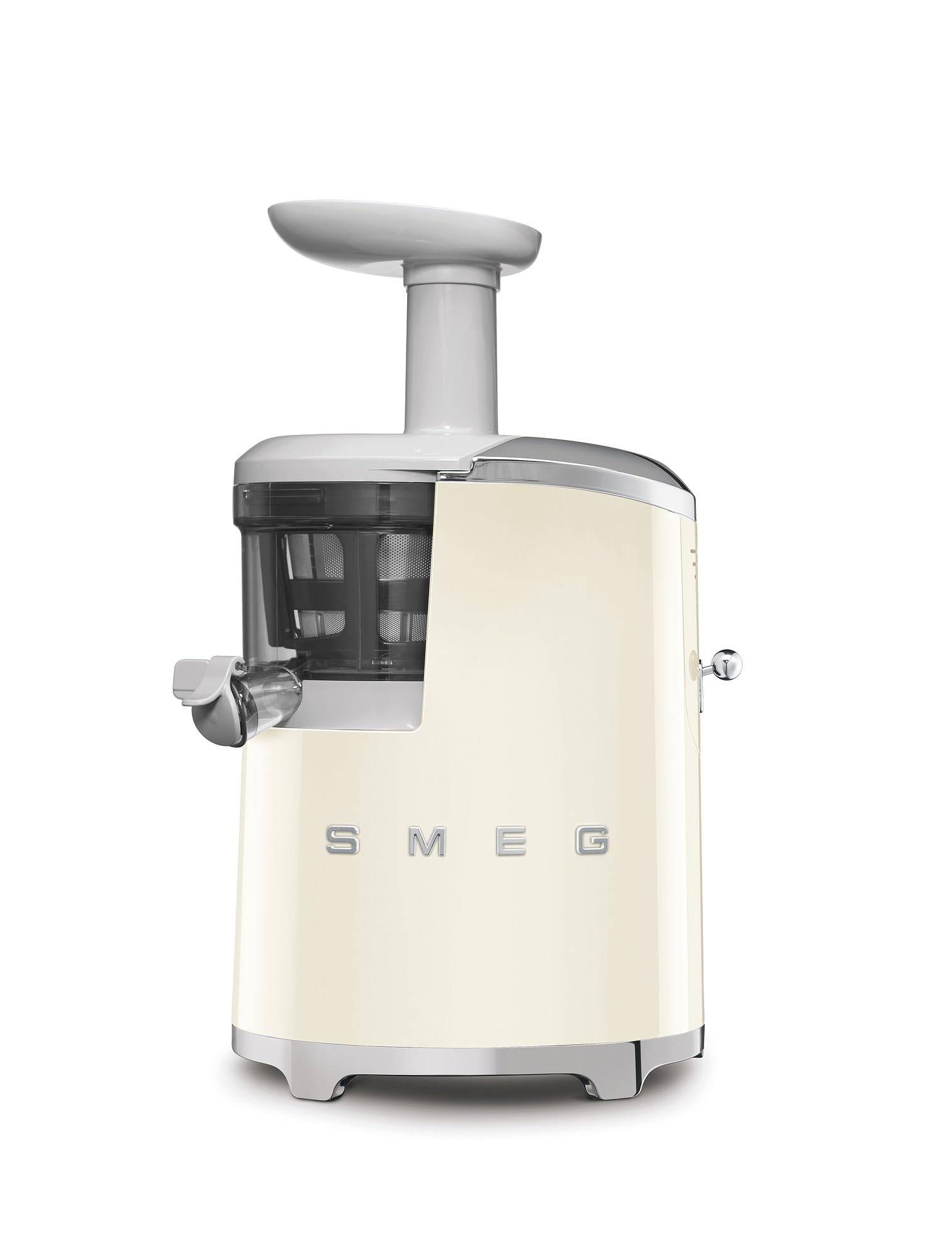 Smeg, SJF01CREU Saftextraktor, Slow-Squeezing-Technologie, rotierender Korb, Tropfkappe und Einstellung der Saftdichte, 1-Liter-Saftkaraffe und 1,6-Liter-Fruchtfleisch-Auffangbehälter, 150 W, Creme