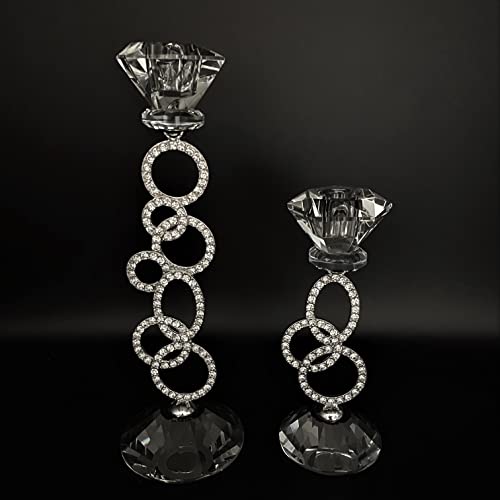 2 Kerzenständer aus Kristallglas für Stabkerzen, Tafelkerzen - Kerzenhalter mit Strasssteinen Silber besetzt