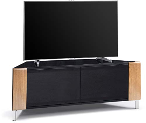 MDA Designs CORVUS Eckschrank mit Eichenprofilen, schwarz, glänzend, für Flachbildfernseher bis 127 cm (50 Zoll)